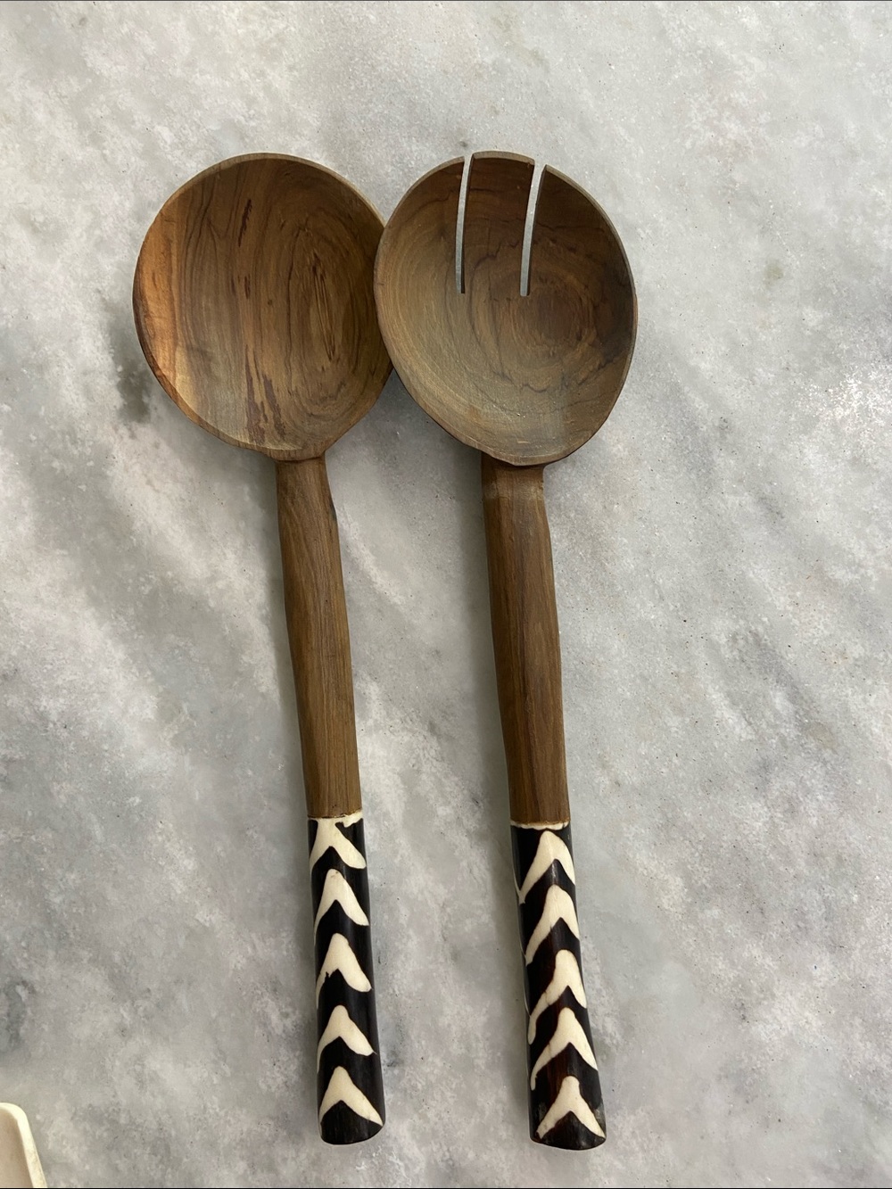 Wooden Salad Serving Spoon Set with Black & Cream Patterned Handles